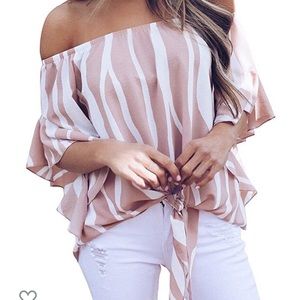 Striped Off Shoulder Bell Sleeve Tie Knot Top